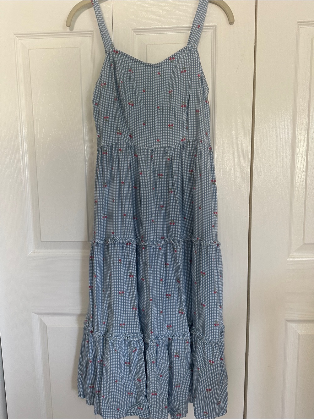 Japna Light Blue Gingham Sundress with Red Cherry Accents